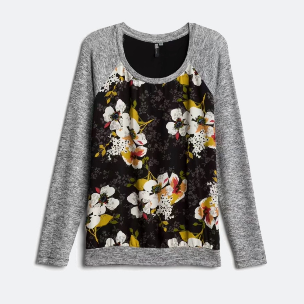 Kut from the Kloth Benter Mixed Material Floral Black and Gray Long Sleeve Top